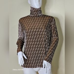 Fendi zucca monogram turtleneck velvet longsleeve top